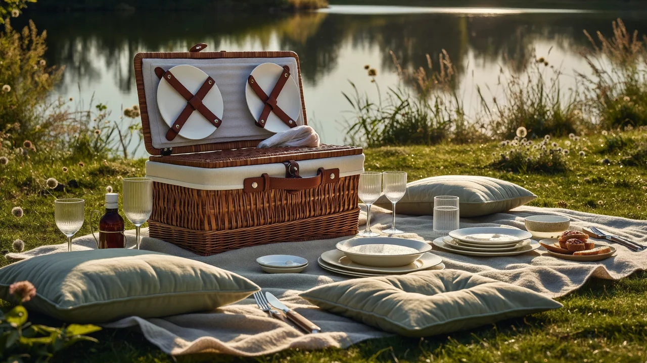 Picnic på en eng ved en dansk sø i gyldent aftenlys