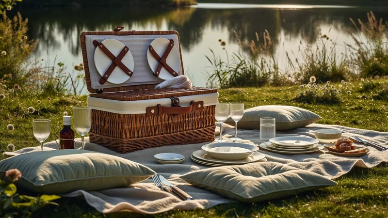 Picnic på en eng ved en dansk sø i gyldent aftenlys